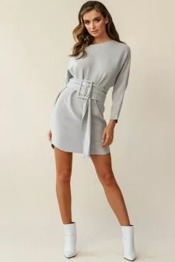 Selfie Leslie Lorelei Long Sleeve Wide Belt Knit Dress Grey