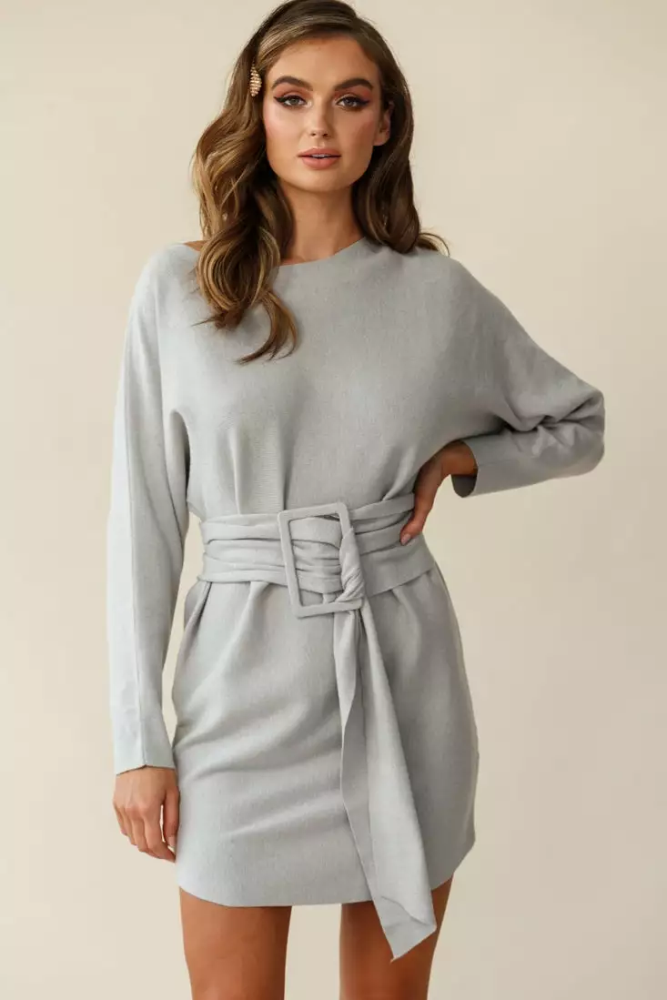 Selfie Leslie Lorelei Long Sleeve Wide Belt Knit Dress Grey - Image 4