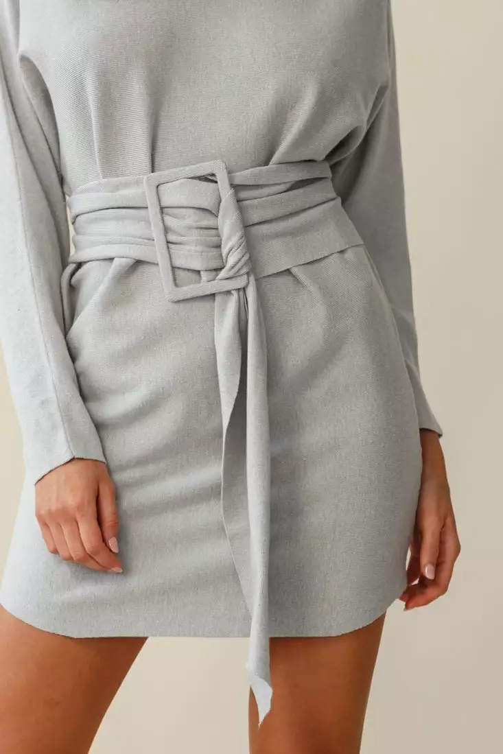 Selfie Leslie Lorelei Long Sleeve Wide Belt Knit Dress Grey - Image 7