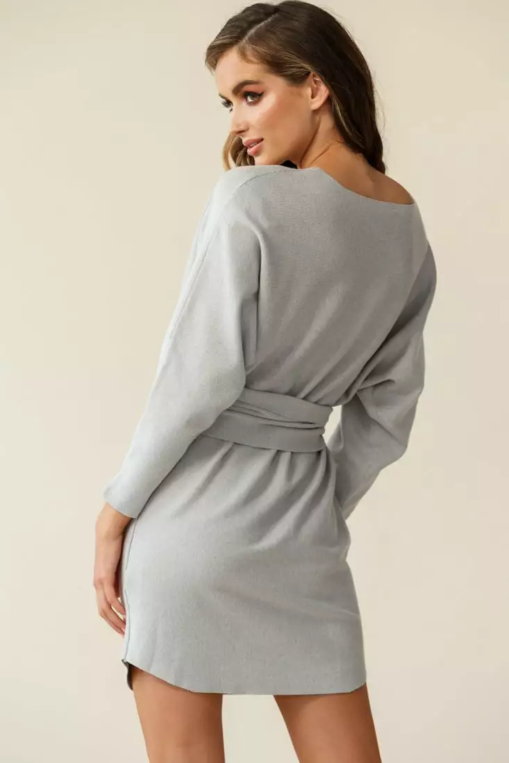 Selfie Leslie Lorelei Long Sleeve Wide Belt Knit Dress Grey - Image 6