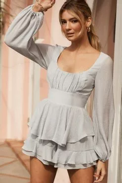 Selfie Leslie Wendy Ruched Bust Long Sleeve Ruffle Romper Grey