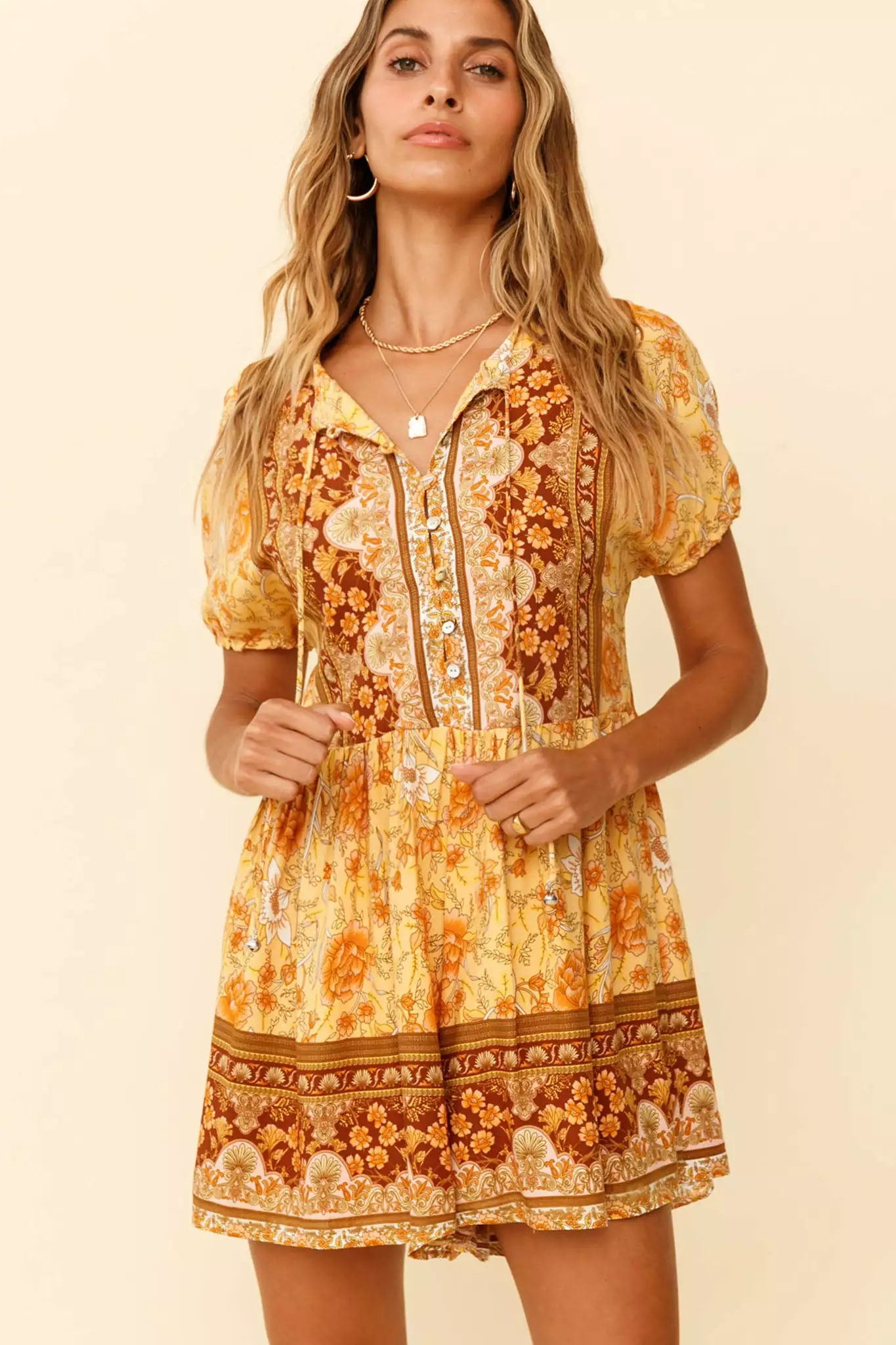 Time Flies Puff Sleeve T-Shirt Romper Boho Floral Print Yellow