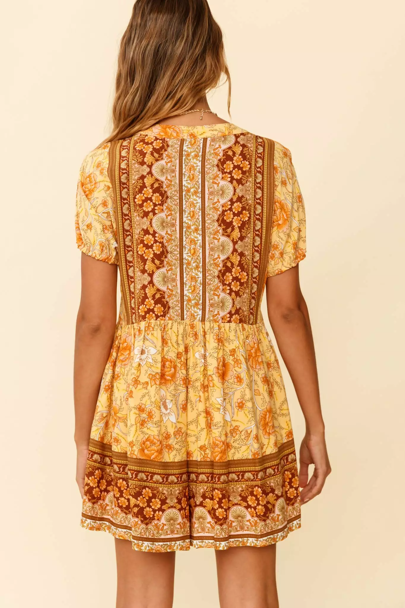 Time Flies Puff Sleeve T-Shirt Romper Boho Floral Print Yellow - Image 2