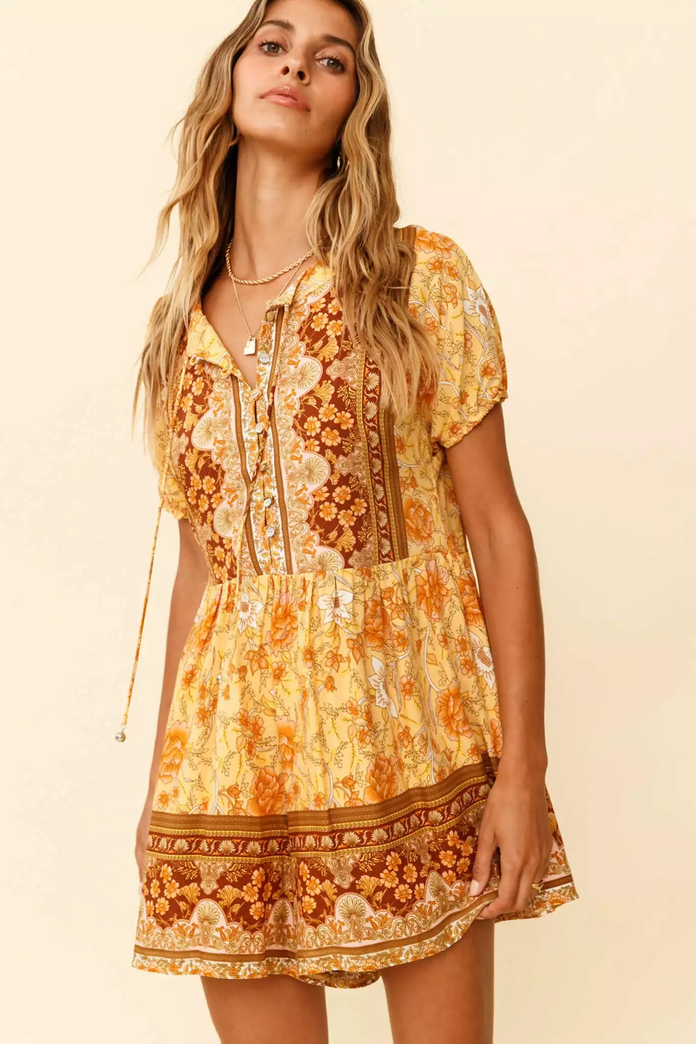 Time Flies Puff Sleeve T-Shirt Romper Boho Floral Print Yellow - Image 4
