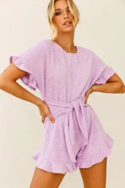Selfie Leslie Feelin' Blessed Waist-Tie Frill Trim Romper Lilac