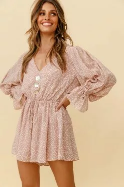 Selfie Leslie Believe It Or Not Long Sleeve Drawstring Romper Sprinkle Print Pink