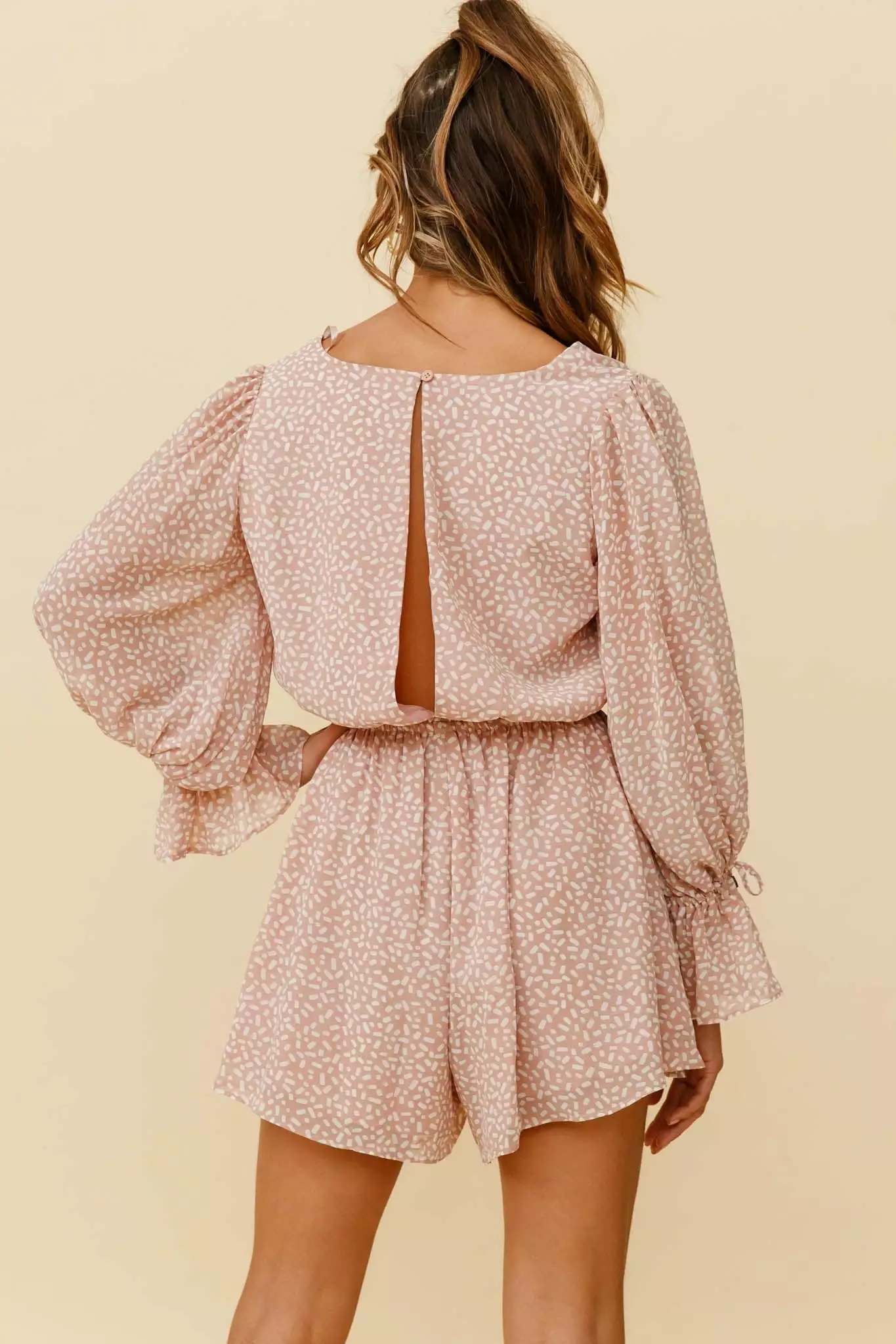 Selfie Leslie Believe It Or Not Long Sleeve Drawstring Romper Sprinkle Print Pink - Image 3