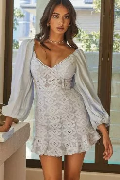 Selfie Leslie Make Memories Balloon Sleeve Molded Bust Lace Dress Steel Blue