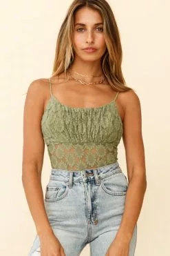 Selfie Leslie Dirty Dancing Ruched Bust Low-Back Lace Bodysuit Avocado