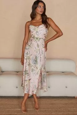 Selfie Leslie Suki Front Split Midi Dress Tropical Floral Print Pink