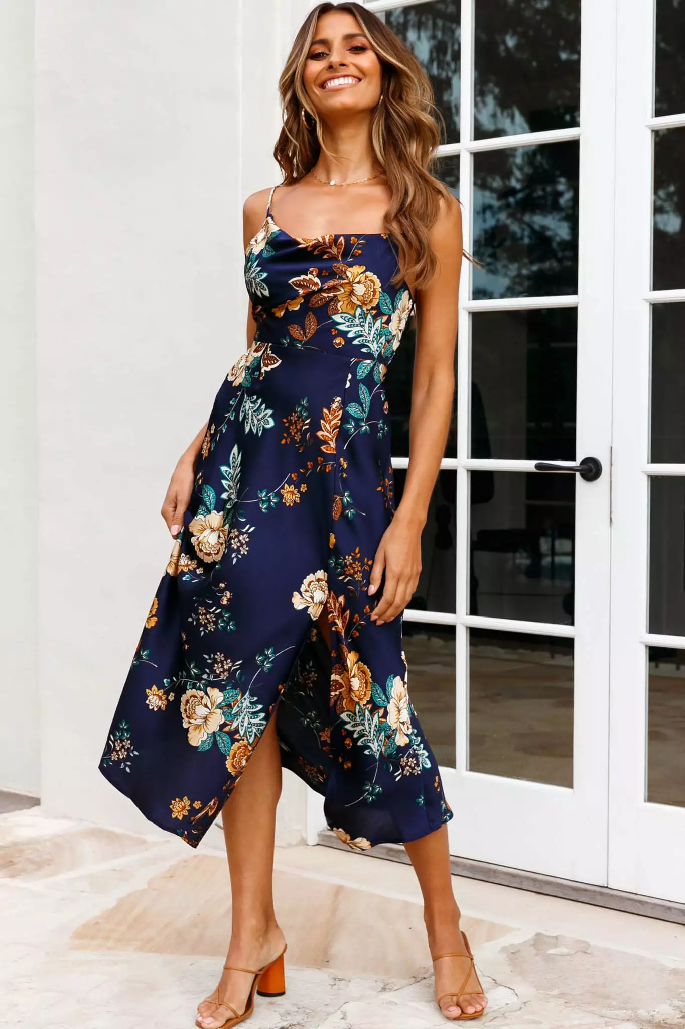 Selfie Leslie Suki Front Split Midi Dress Oriental Floral Print Navy - Image 3