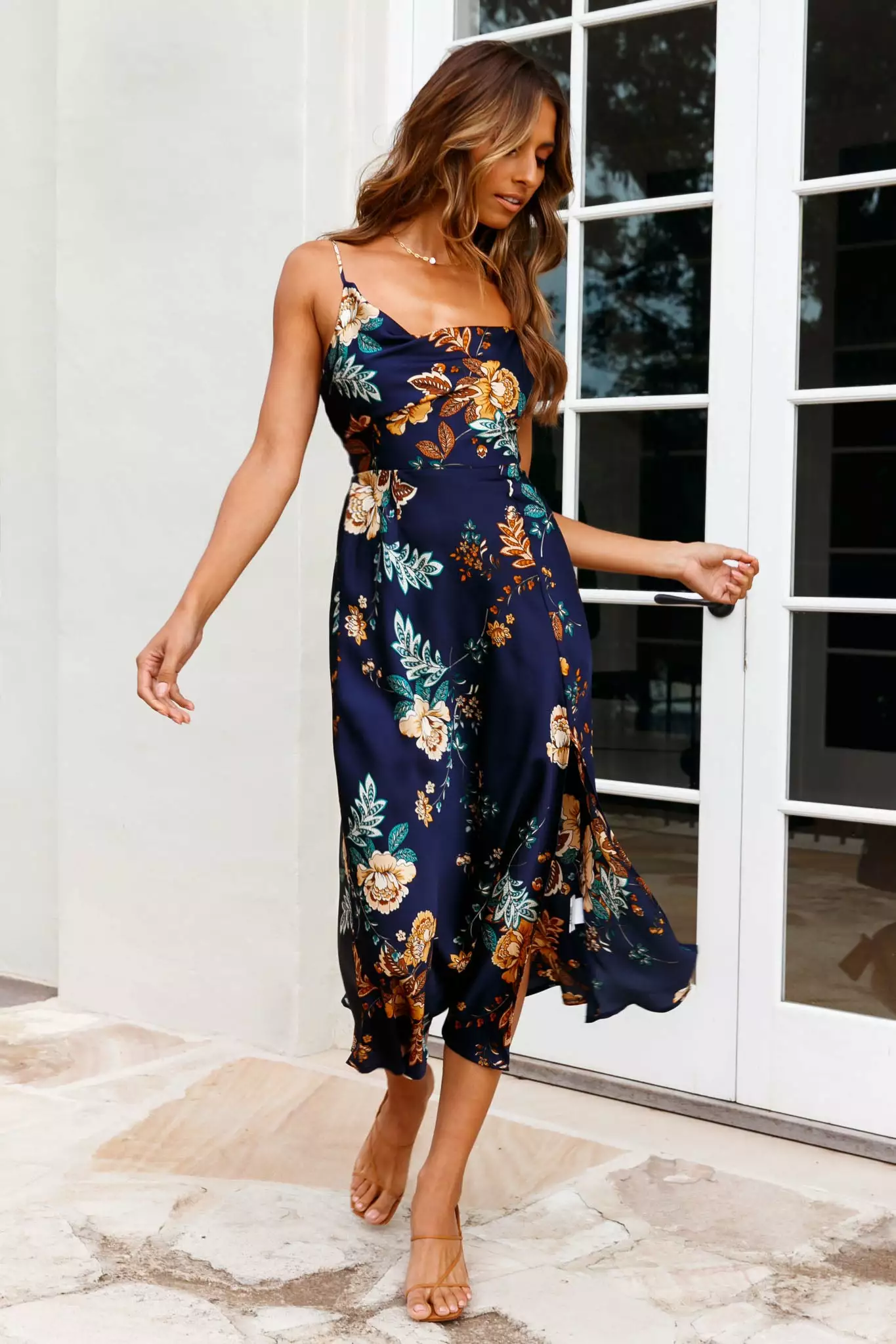 Selfie Leslie Suki Front Split Midi Dress Oriental Floral Print Navy - Image 6