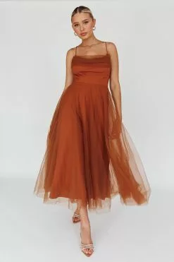 Saints + Secrets Floating By Pleated Neckline Mesh Midi Dress Brown