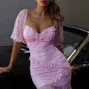 Selfie Leslie La Vida Sweetheart Neckline Puff Sleeve Dress Pink