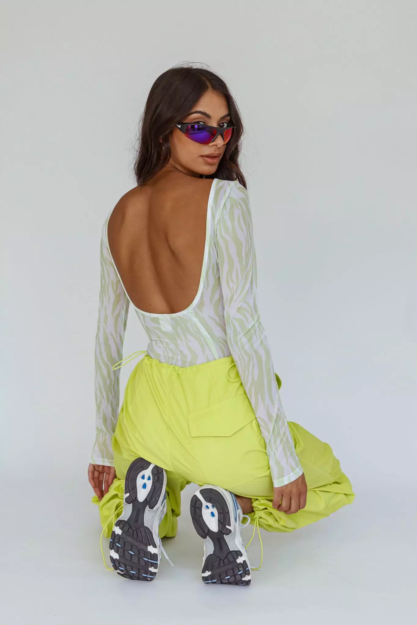 Juni Long Sleeve Low Back Mesh Bodysuit Tiger Lime - Image 2