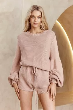 INDIKAH Weekend Balloon Sleeve Knit Romper Camel