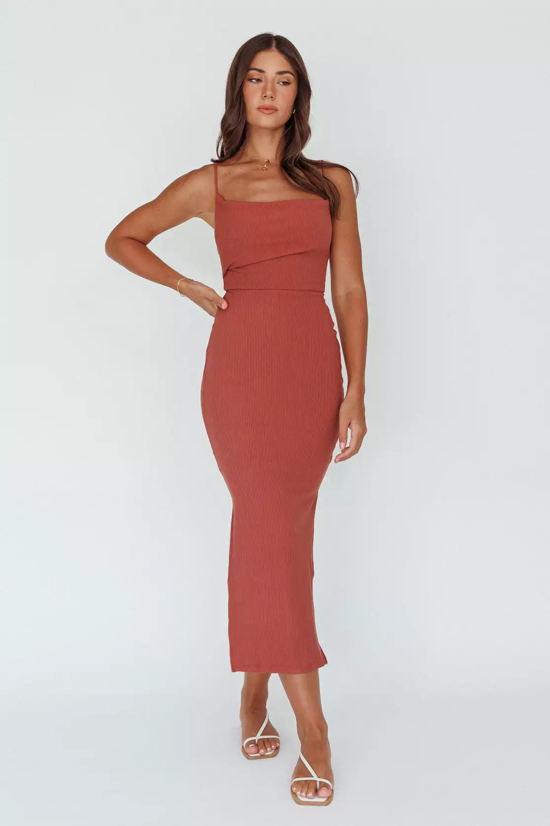 Here Comes The Sun Frieda Cowl Neck Side Split Ribbed Midi Dress Rust