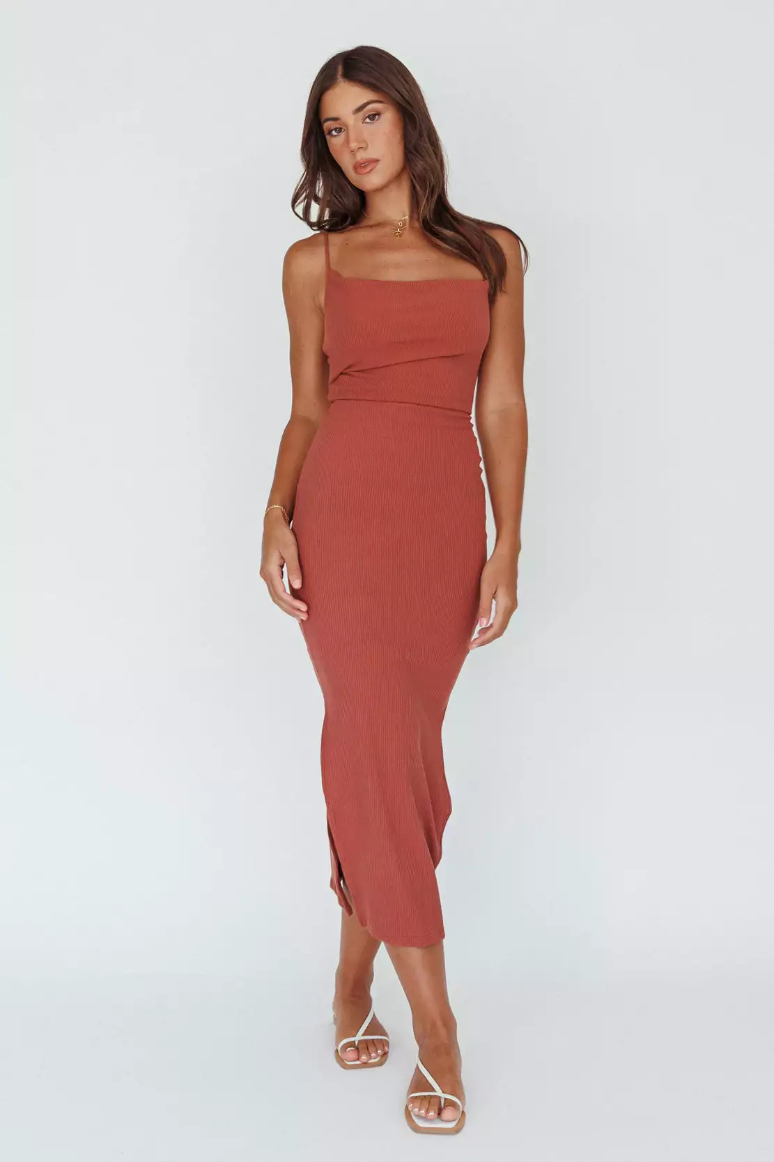 Here Comes The Sun Frieda Cowl Neck Side Split Ribbed Midi Dress Rust - Image 3