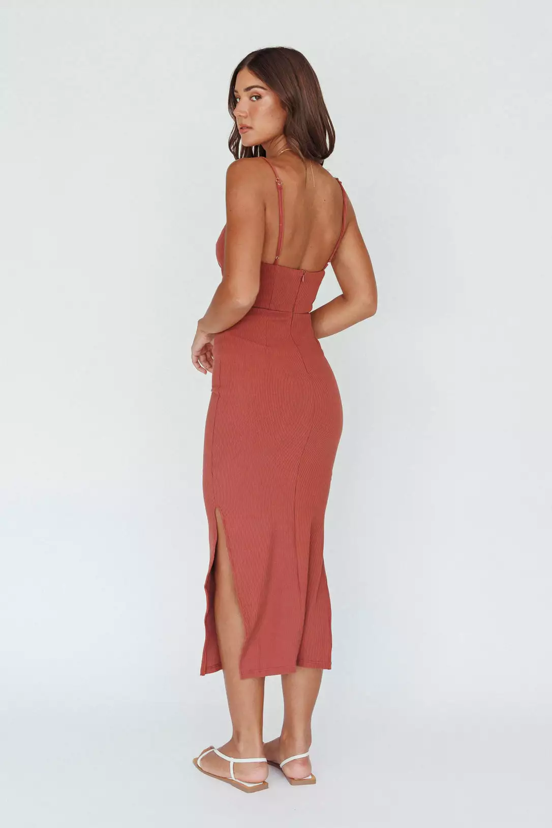 Here Comes The Sun Frieda Cowl Neck Side Split Ribbed Midi Dress Rust - Image 2