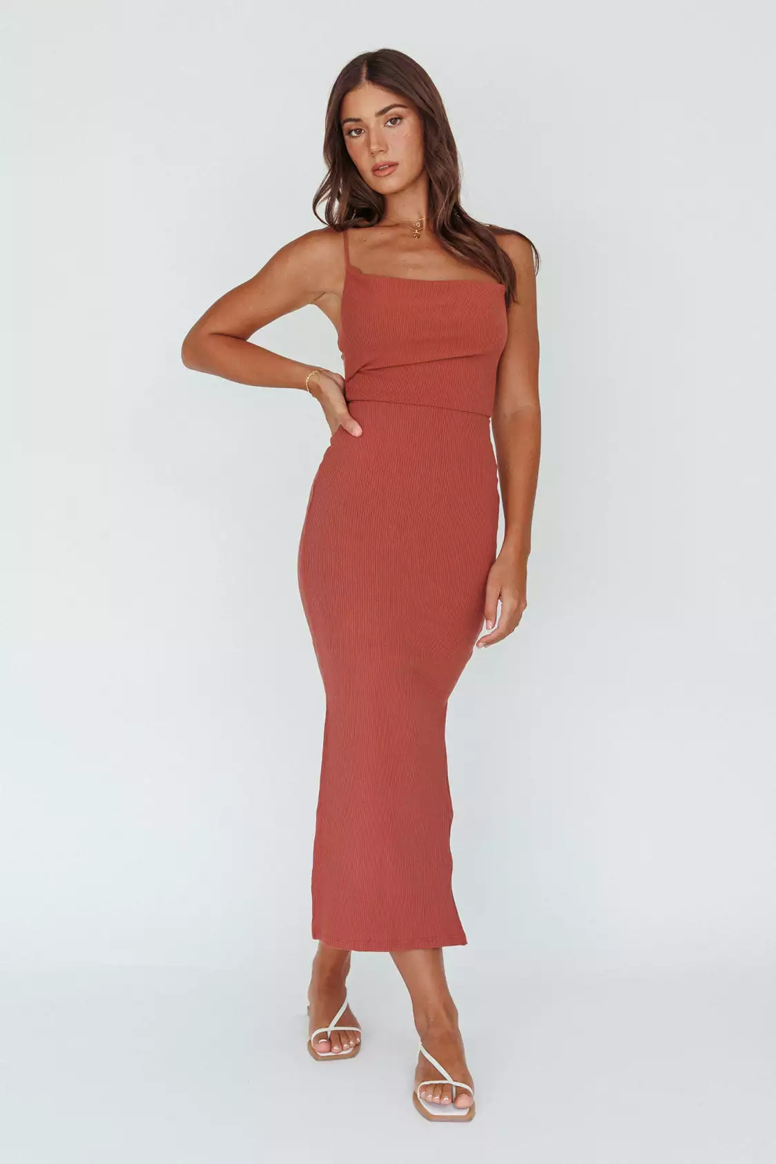 Here Comes The Sun Frieda Cowl Neck Side Split Ribbed Midi Dress Rust - Image 6