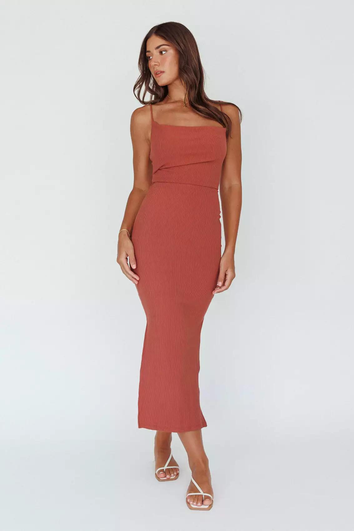 Here Comes The Sun Frieda Cowl Neck Side Split Ribbed Midi Dress Rust - Image 7