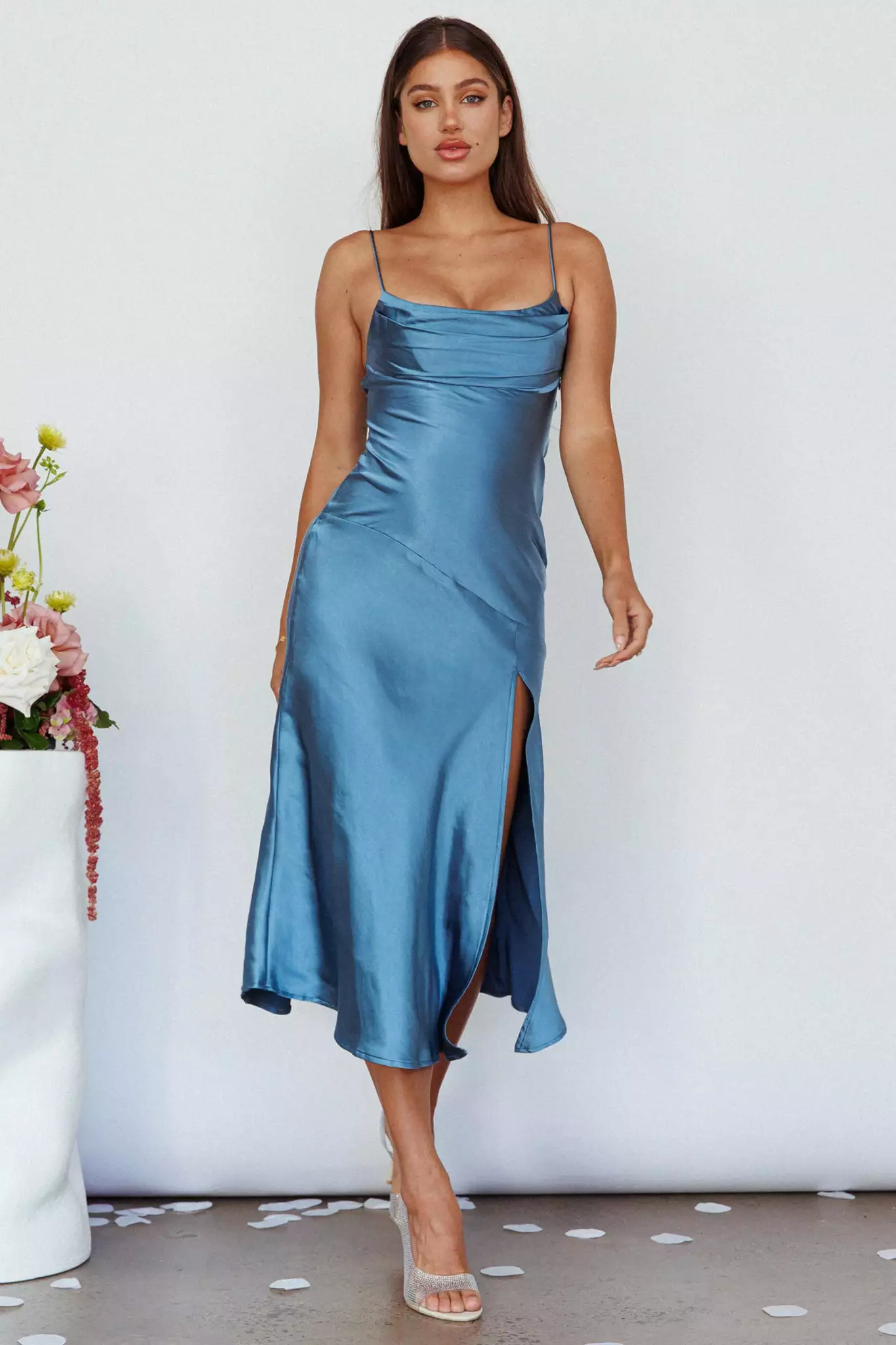 Saints + Secrets Well Versed Pleated Bust Front Split Dress Satin Midnight Blue - Image 3