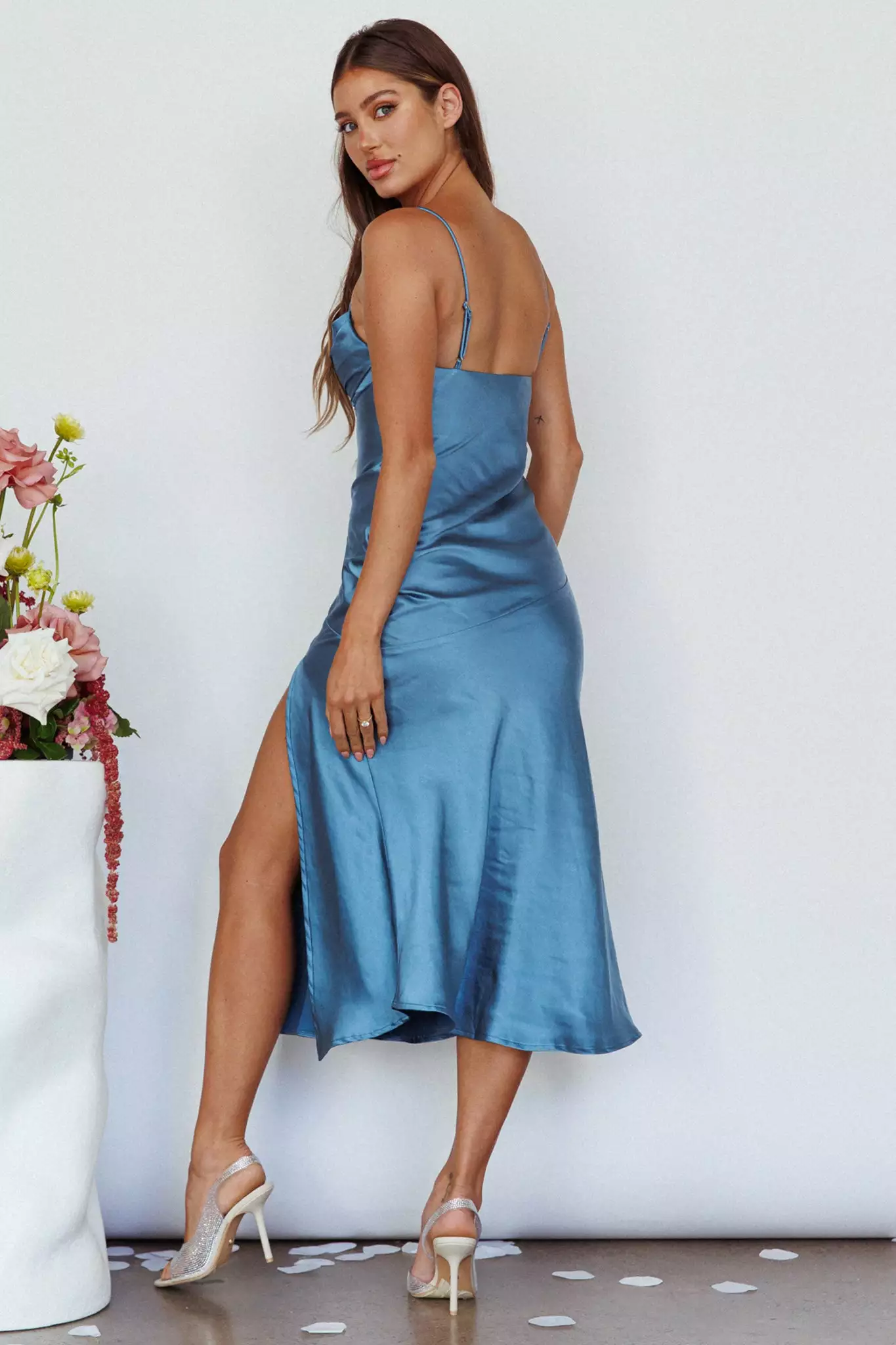 Saints + Secrets Well Versed Pleated Bust Front Split Dress Satin Midnight Blue - Image 2