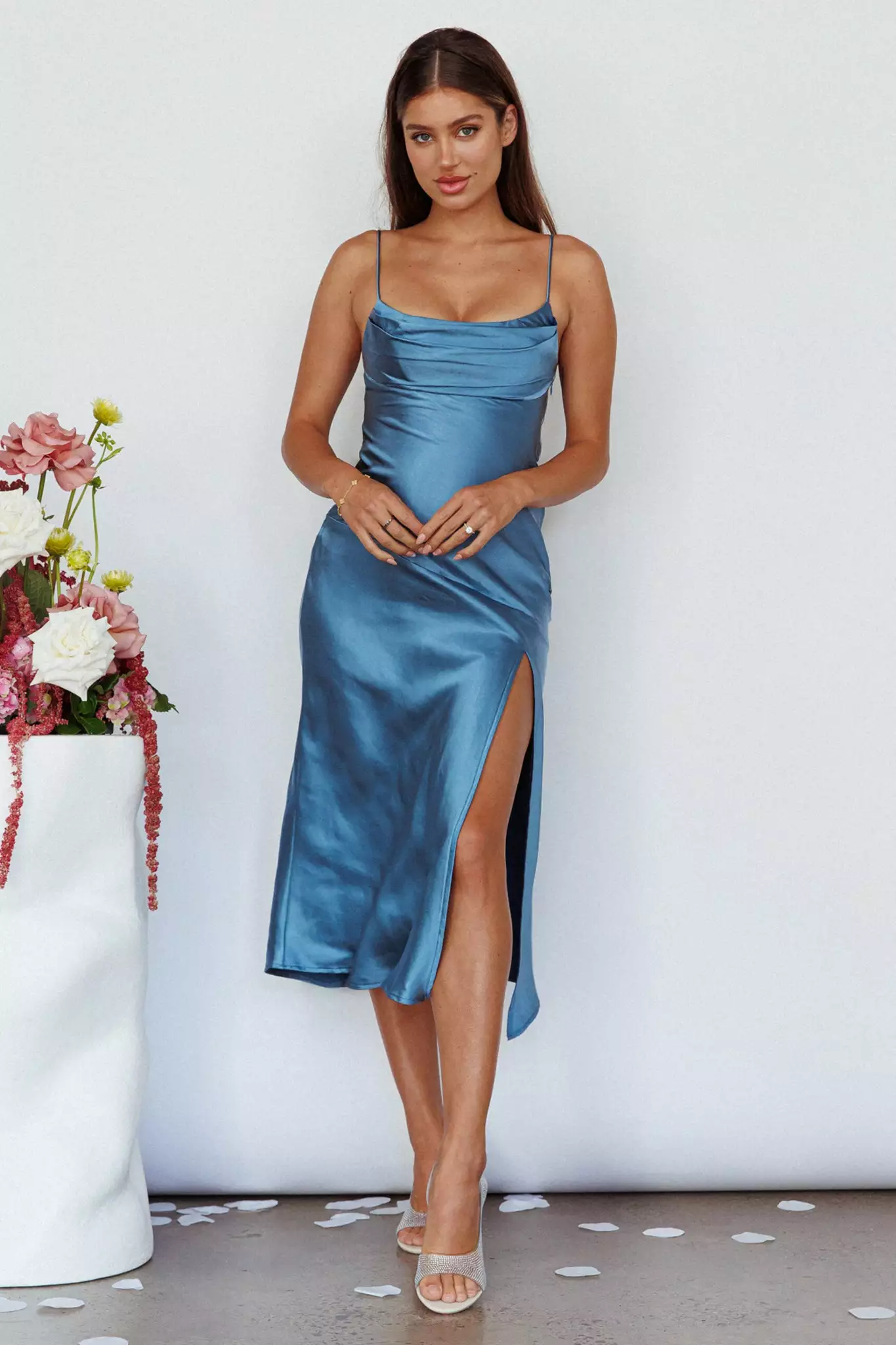 Saints + Secrets Well Versed Pleated Bust Front Split Dress Satin Midnight Blue - Image 5