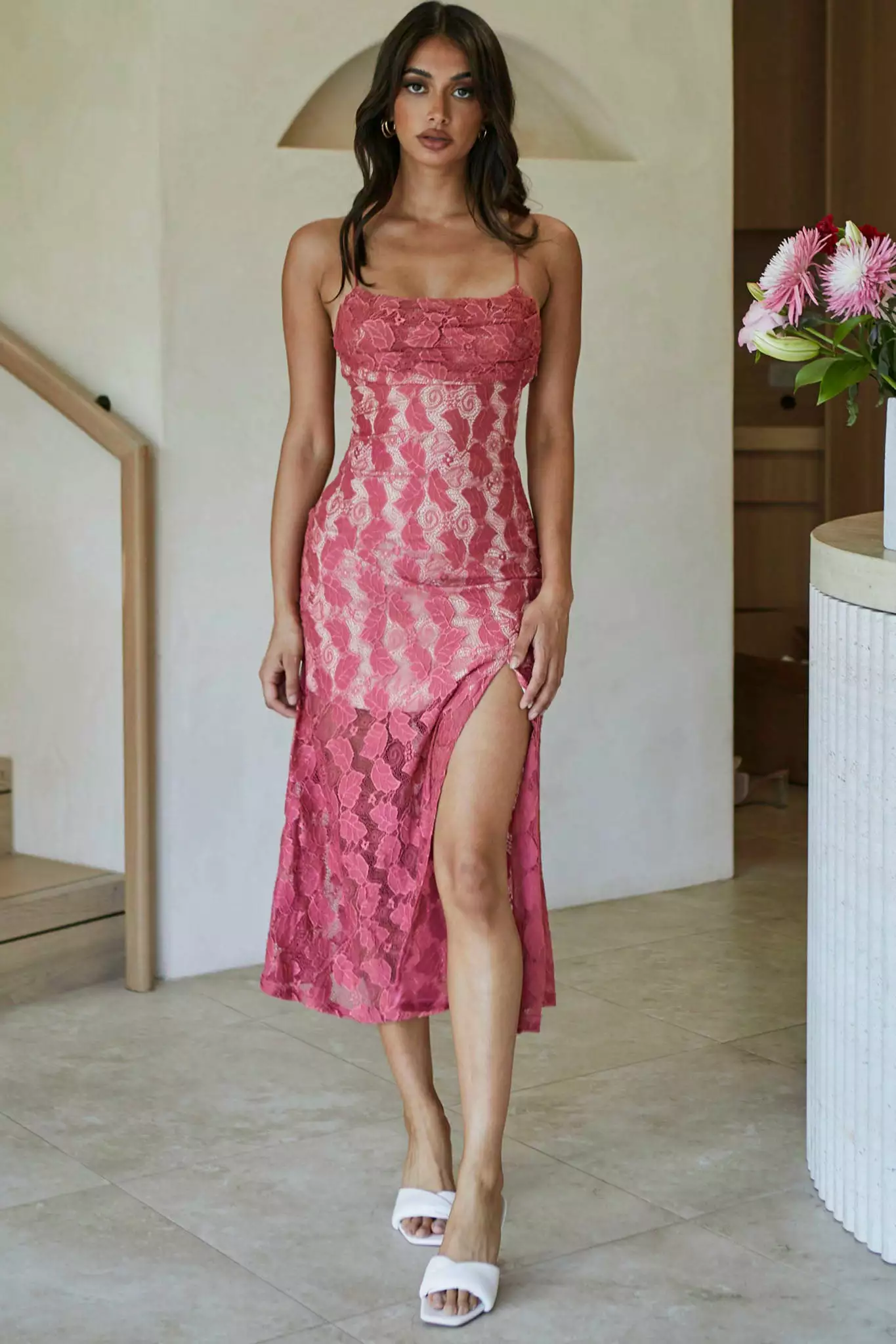 Selfie Leslie Well Versed Pleated Bust Front Split Dress Lace Rose