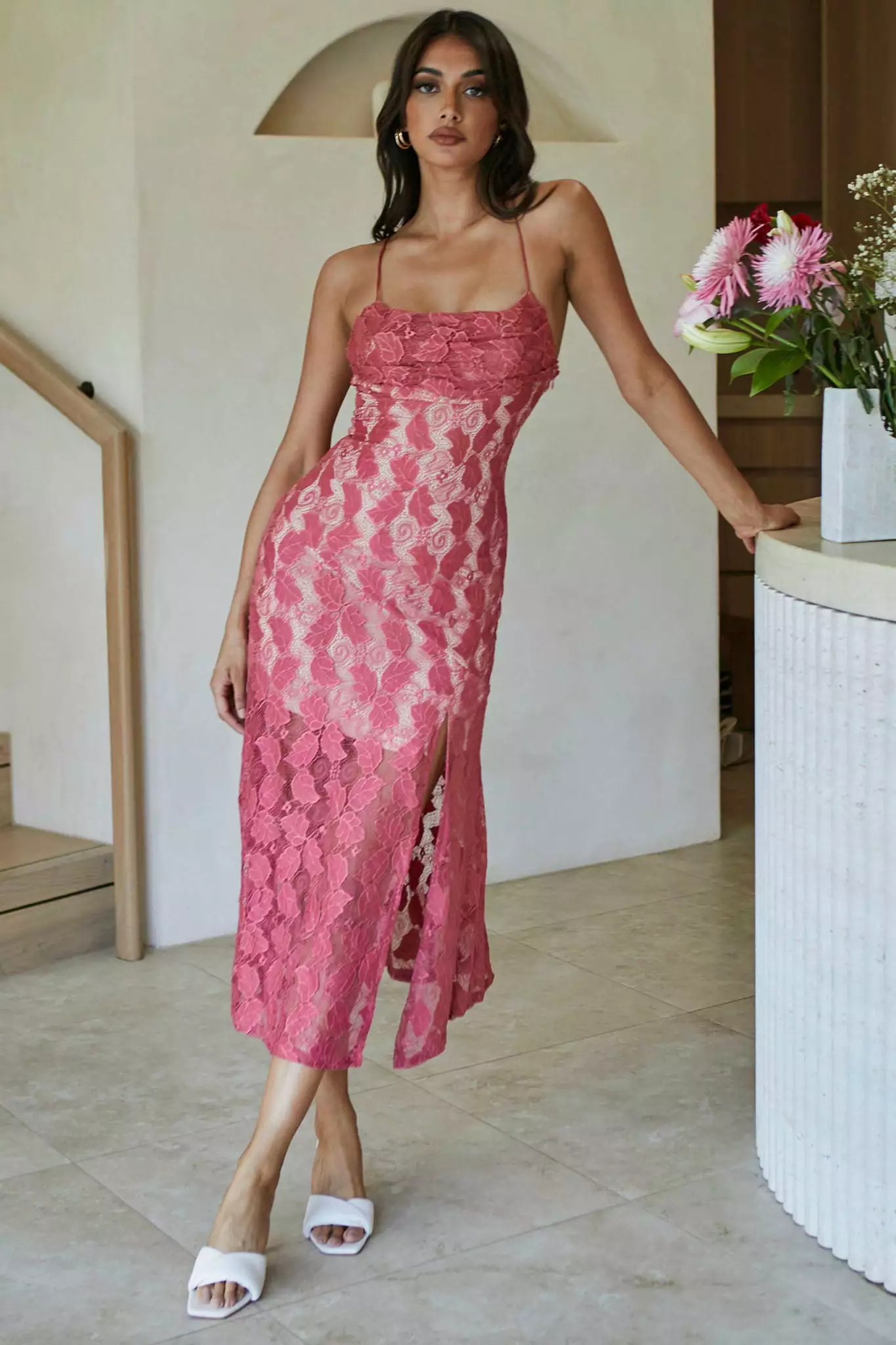 Selfie Leslie Well Versed Pleated Bust Front Split Dress Lace Rose - Image 3