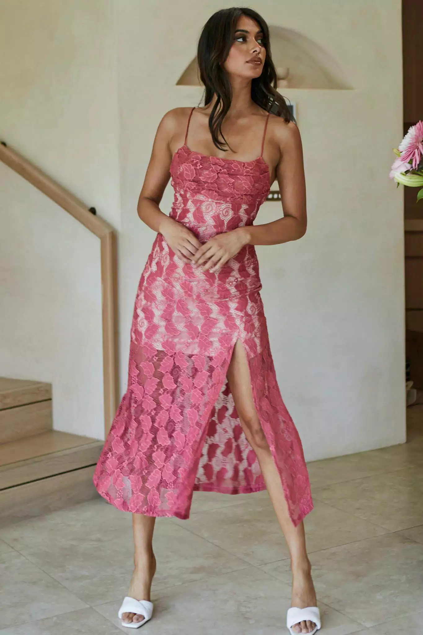 Selfie Leslie Well Versed Pleated Bust Front Split Dress Lace Rose - Image 5