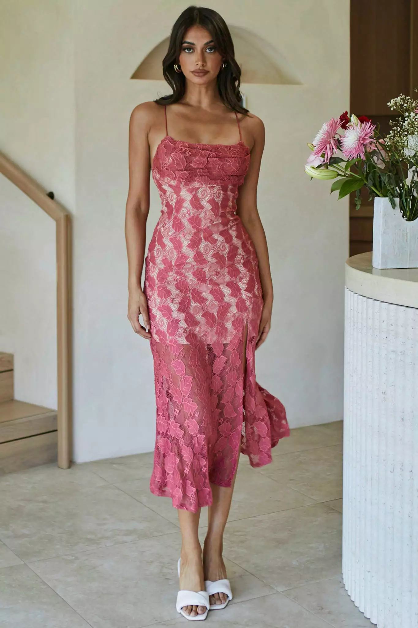 Selfie Leslie Well Versed Pleated Bust Front Split Dress Lace Rose - Image 6