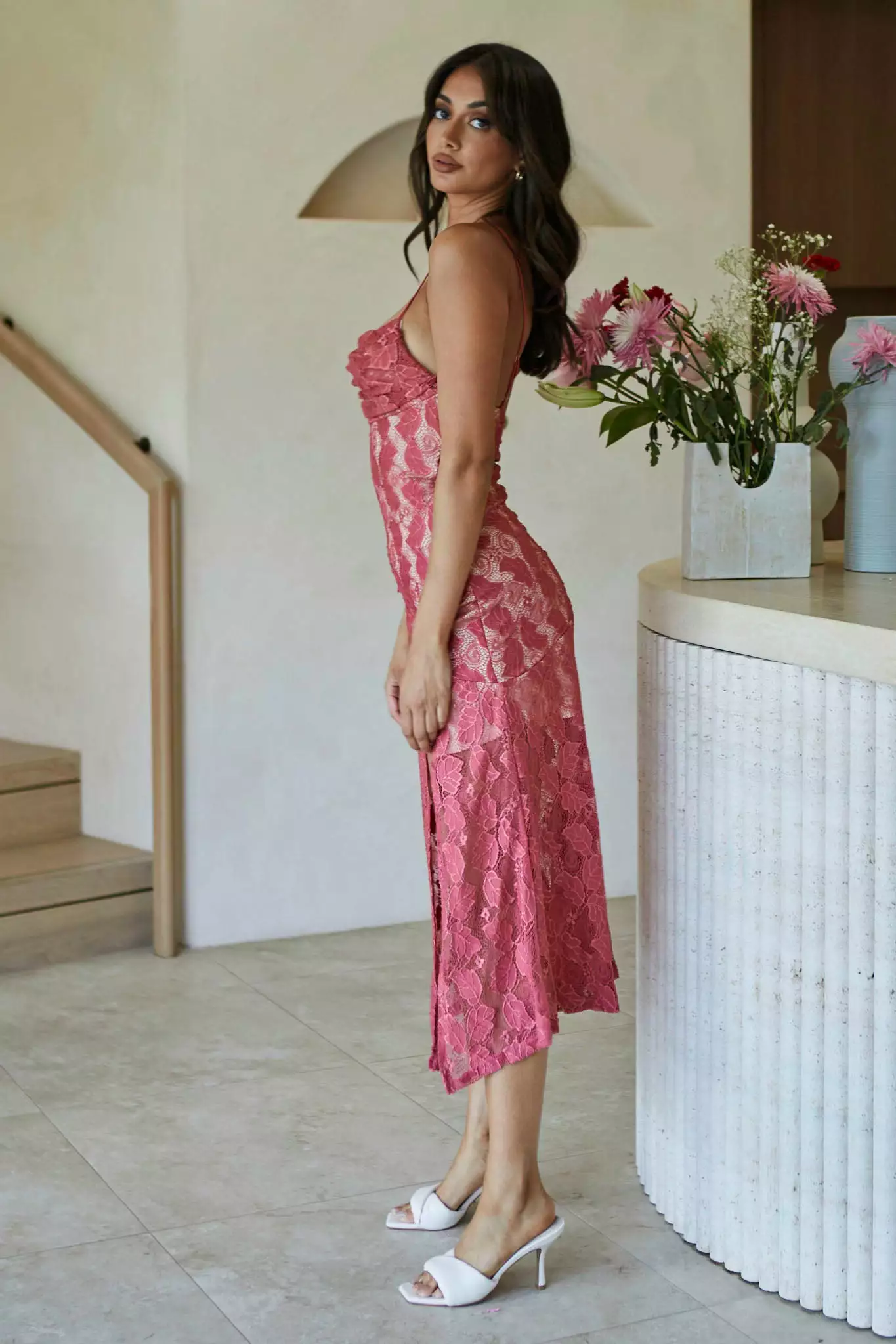 Selfie Leslie Well Versed Pleated Bust Front Split Dress Lace Rose - Image 7