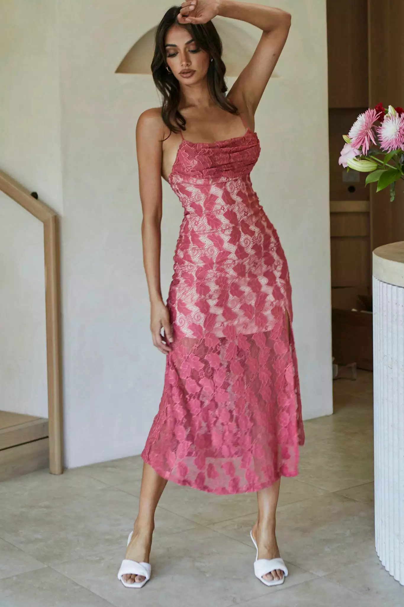 Selfie Leslie Well Versed Pleated Bust Front Split Dress Lace Rose - Image 8