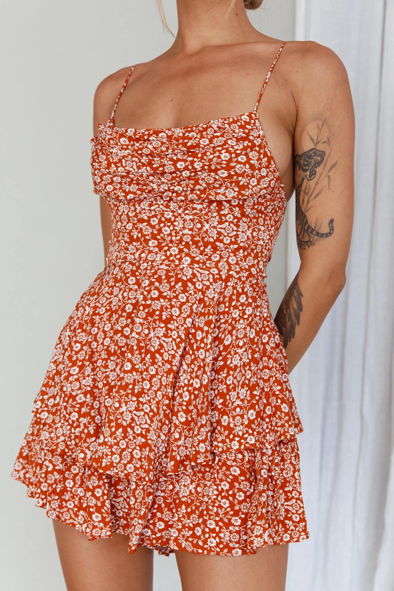 Saints + Secrets Well Versed Cowl Neck Flounce Romper Floral Orange - Image 4