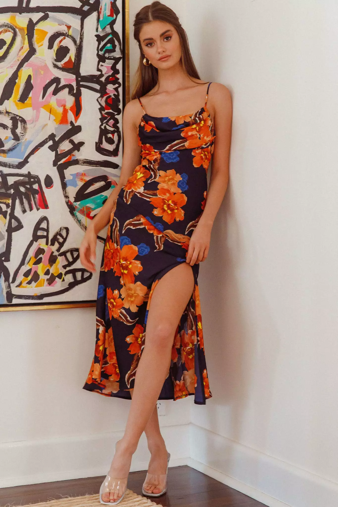 Saints + Secrets Well Versed Pleated Bust Front Split Dress Flower Orange - Image 4