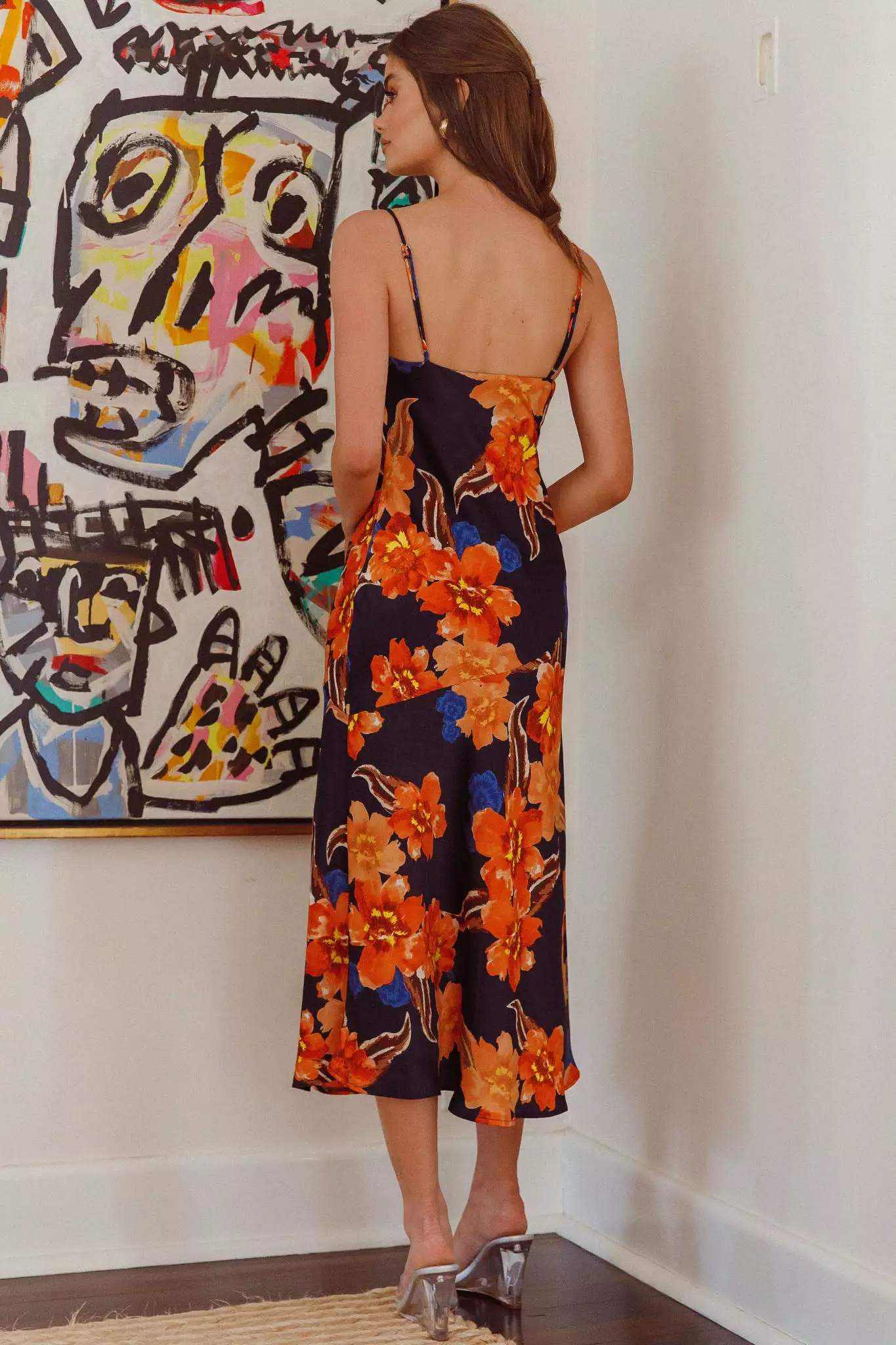 Saints + Secrets Well Versed Pleated Bust Front Split Dress Flower Orange - Image 3