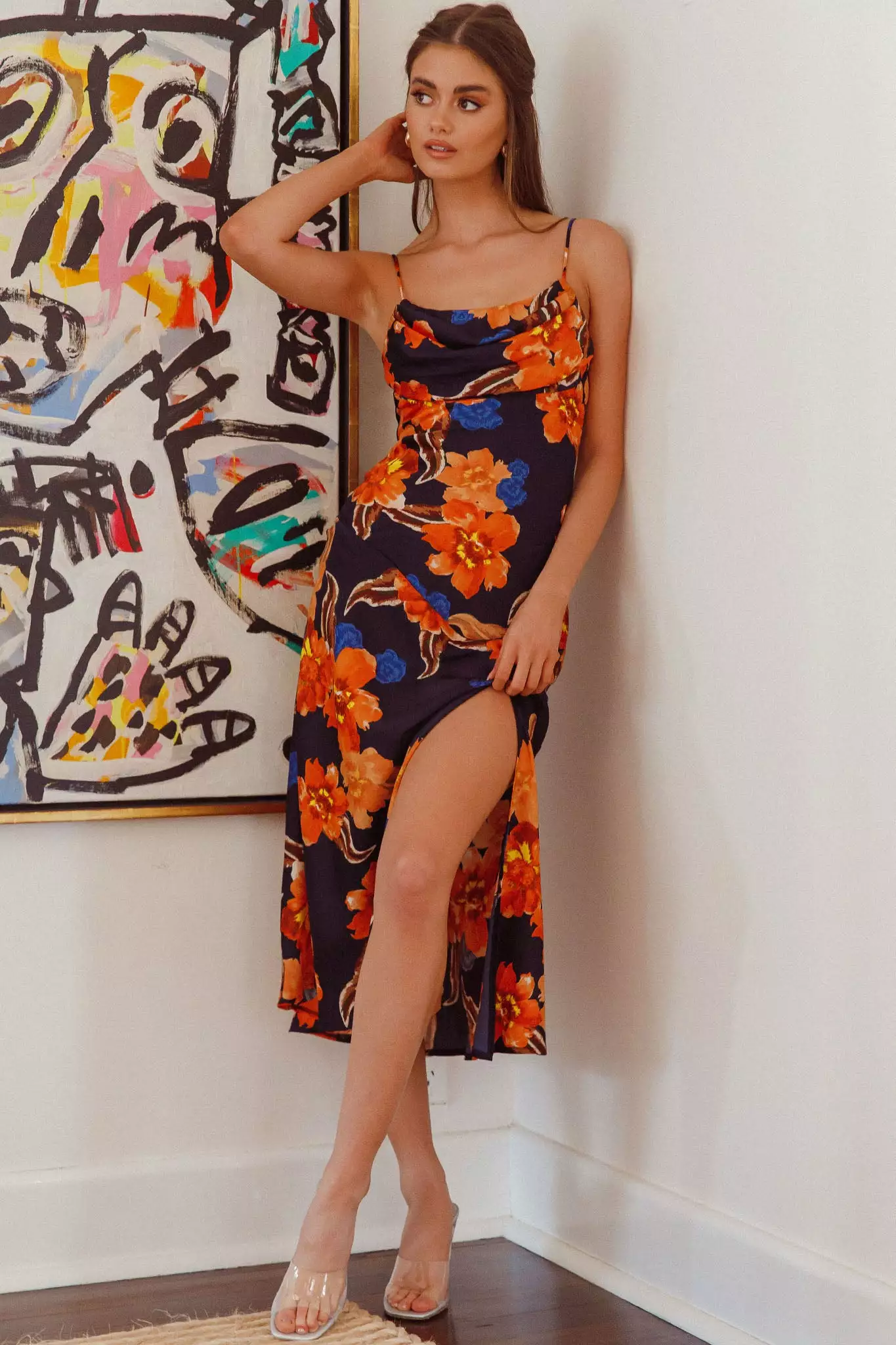 Saints + Secrets Well Versed Pleated Bust Front Split Dress Flower Orange