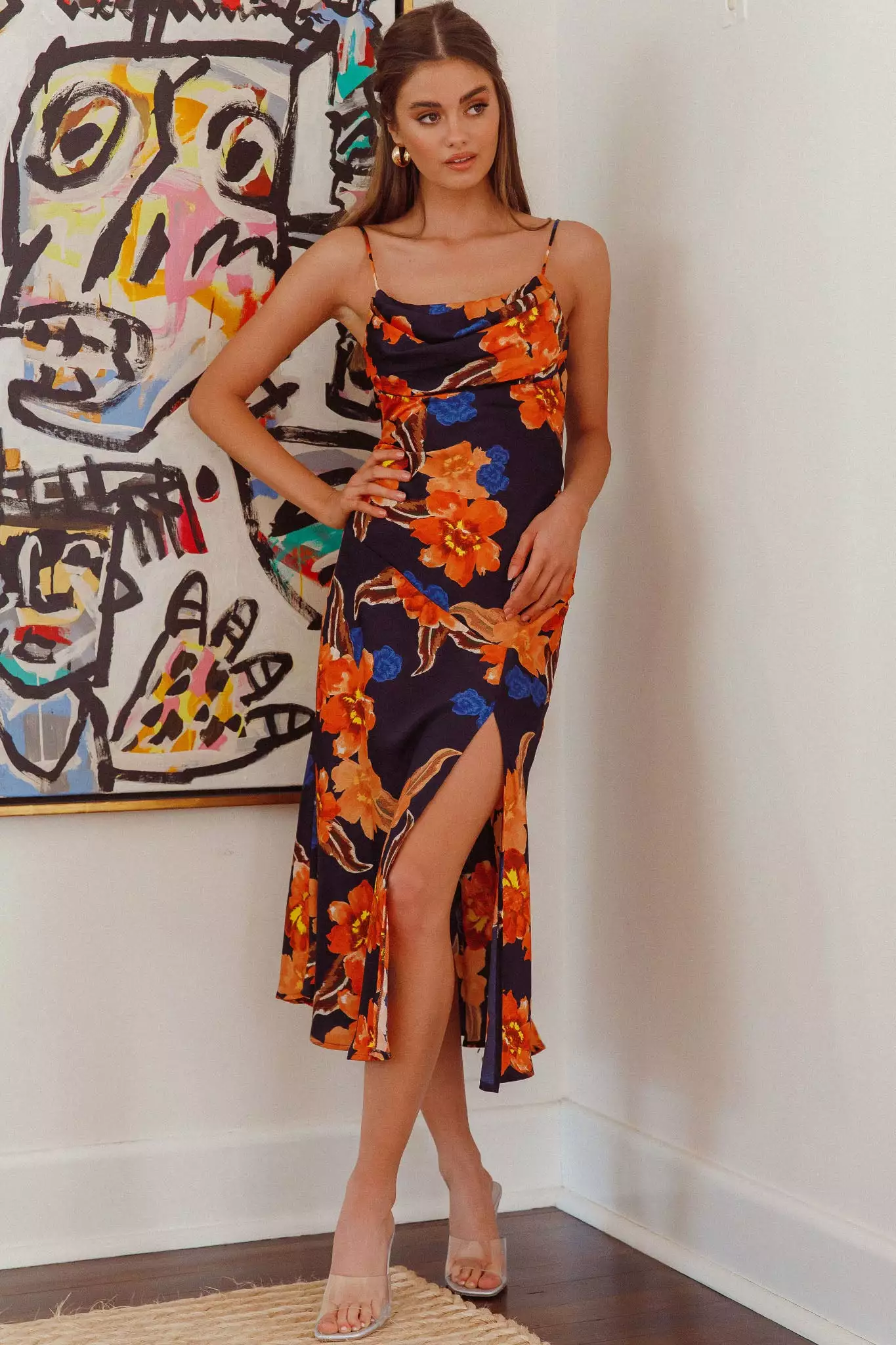 Saints + Secrets Well Versed Pleated Bust Front Split Dress Flower Orange - Image 6