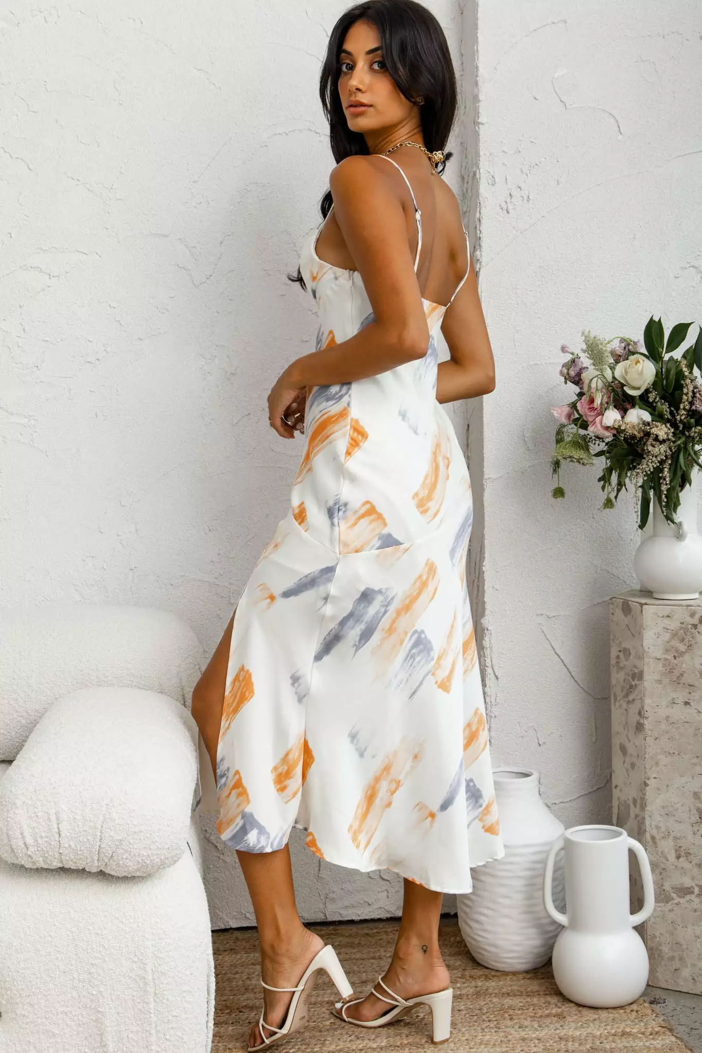 Selfie Leslie Well Versed Pleated Bust Front Split Dress Paint Print Blue/Orange - Image 3