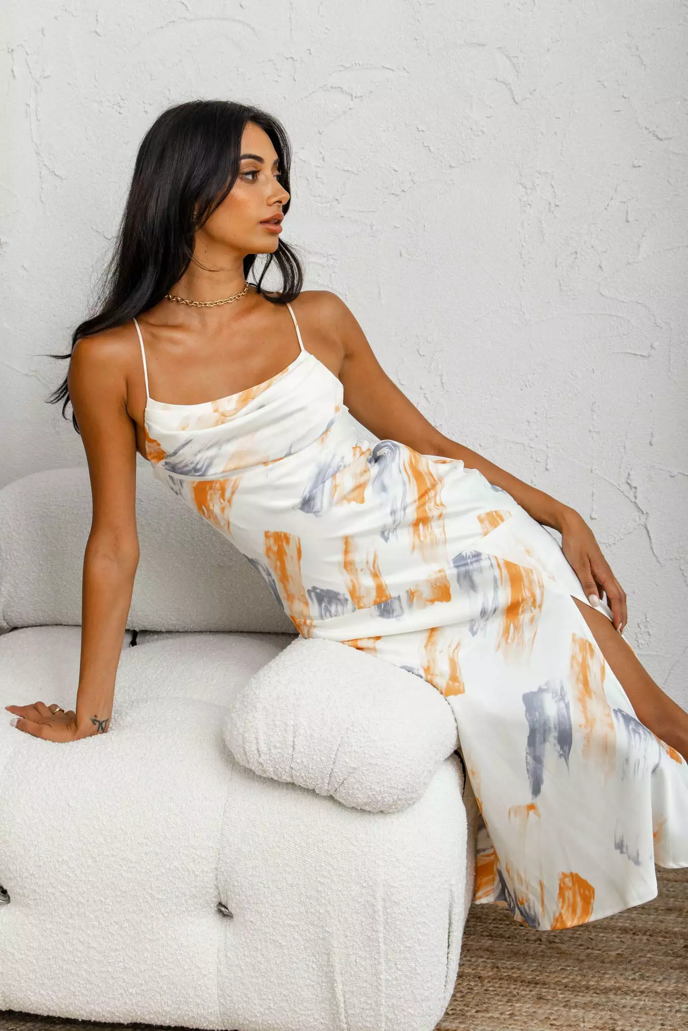 Selfie Leslie Well Versed Pleated Bust Front Split Dress Paint Print Blue/Orange - Image 6