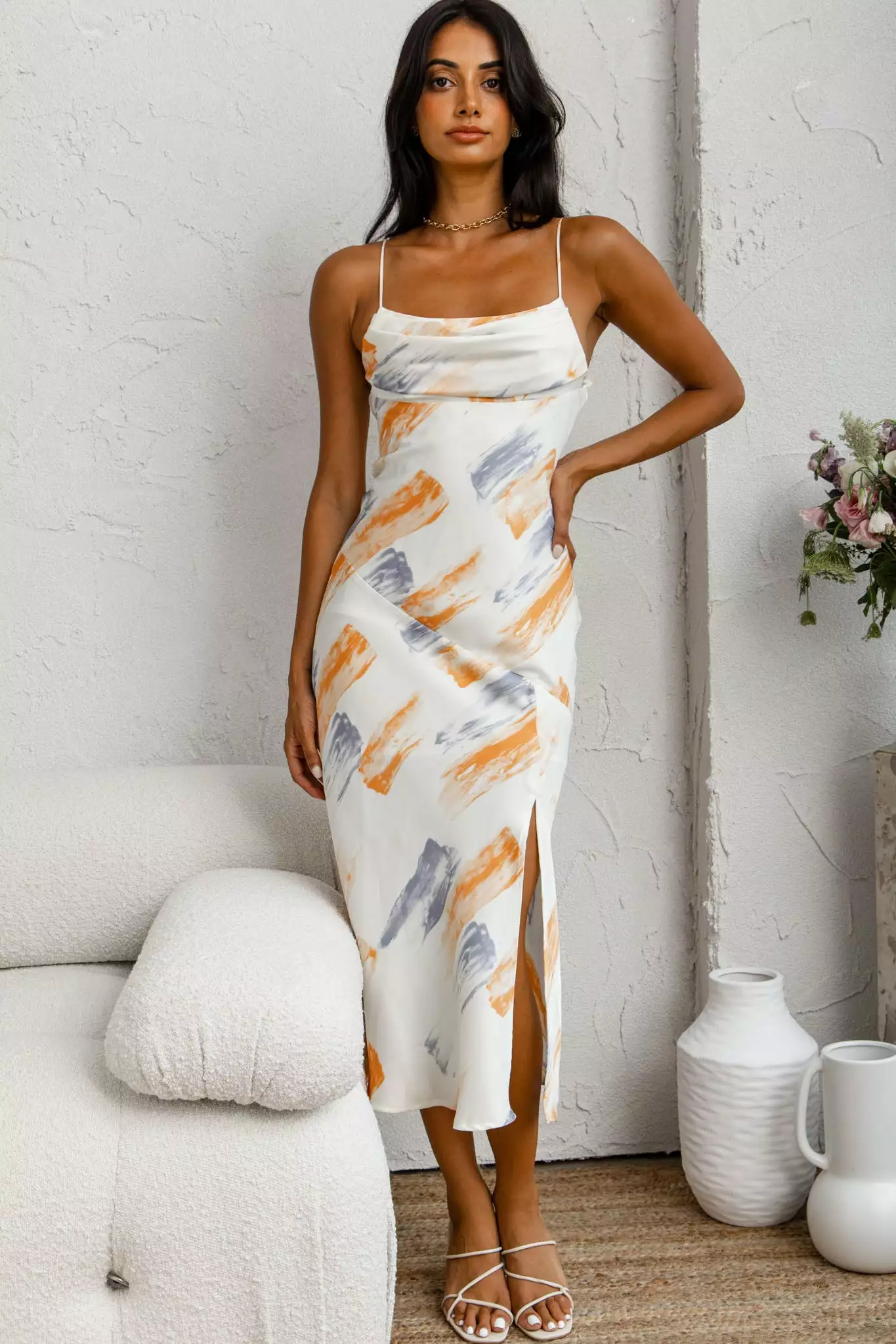 Selfie Leslie Well Versed Pleated Bust Front Split Dress Paint Print Blue/Orange - Image 7