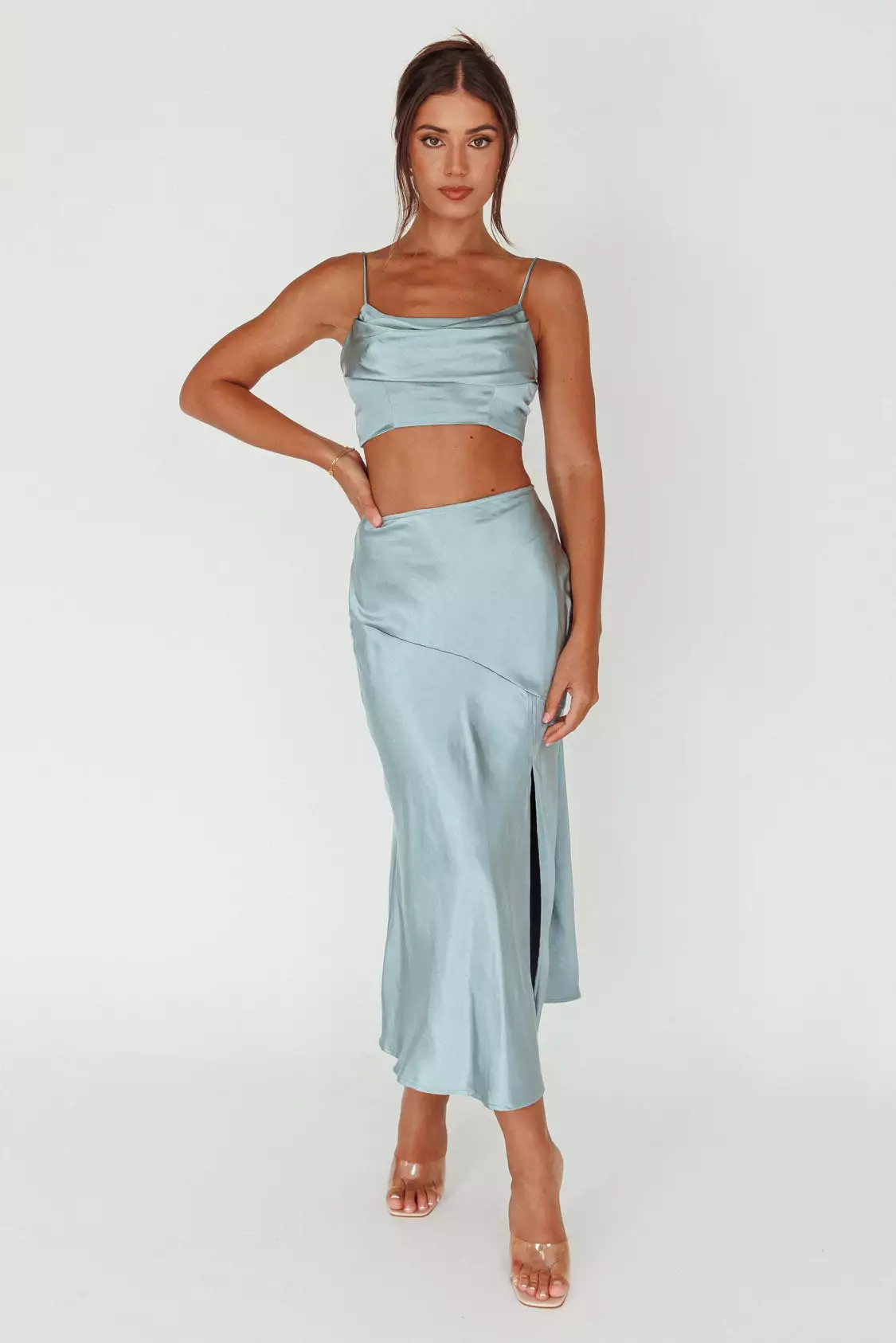 Saints + Secrets Well Versed Split Midi Skirt Sage