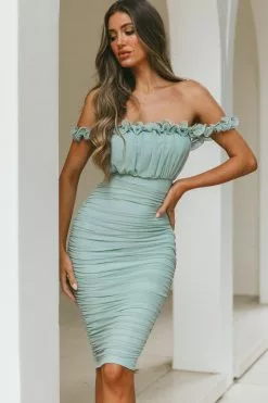 Selfie Leslie Senorita Off-Shoulder Lettuce Edge Detail Ruched Knee Length Dress Pistachio