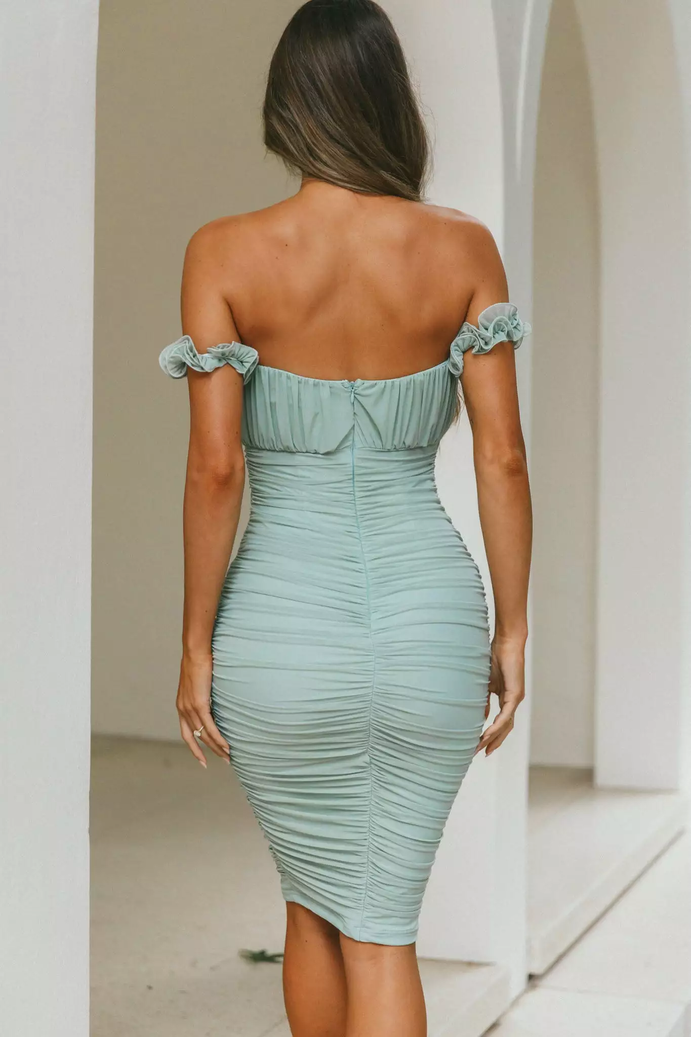 Selfie Leslie Senorita Off-Shoulder Lettuce Edge Detail Ruched Knee Length Dress Pistachio - Image 2