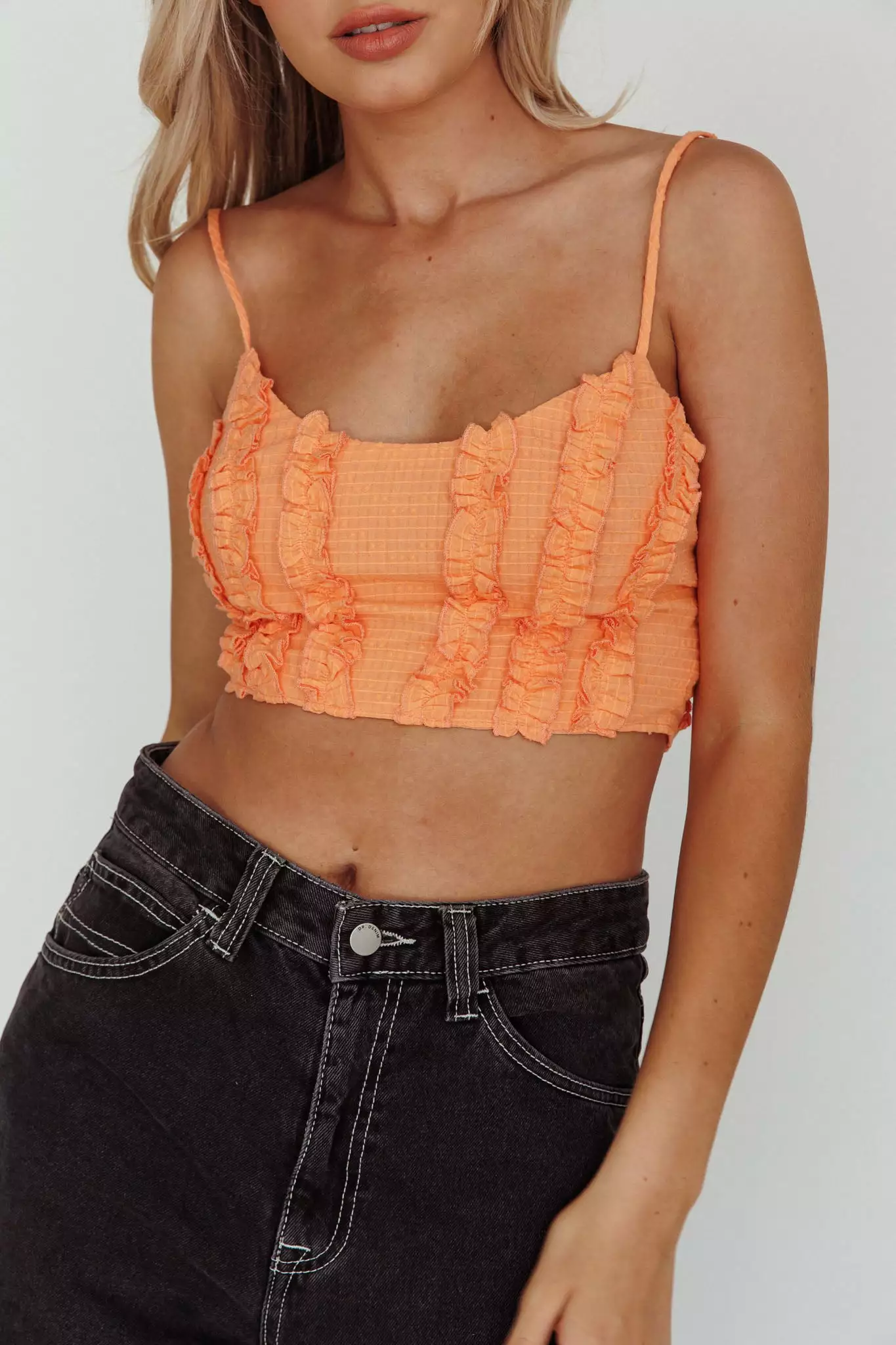 Here Comes The Sun Penny Lane Frill Bust Crop Top Neon Orange - Image 4