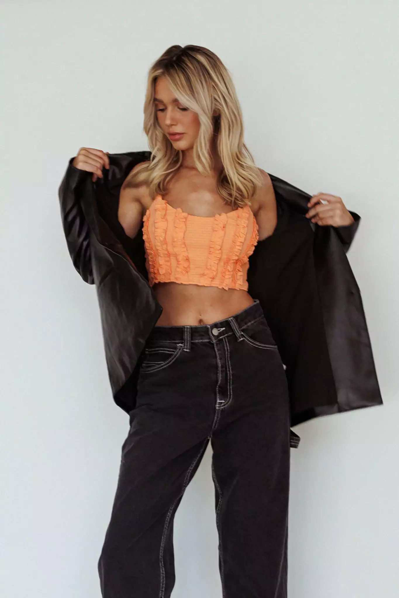Here Comes The Sun Penny Lane Frill Bust Crop Top Neon Orange - Image 5