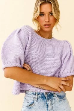 Selfie Leslie Marla Puff Sleeve Chunky Knit Top Lilac