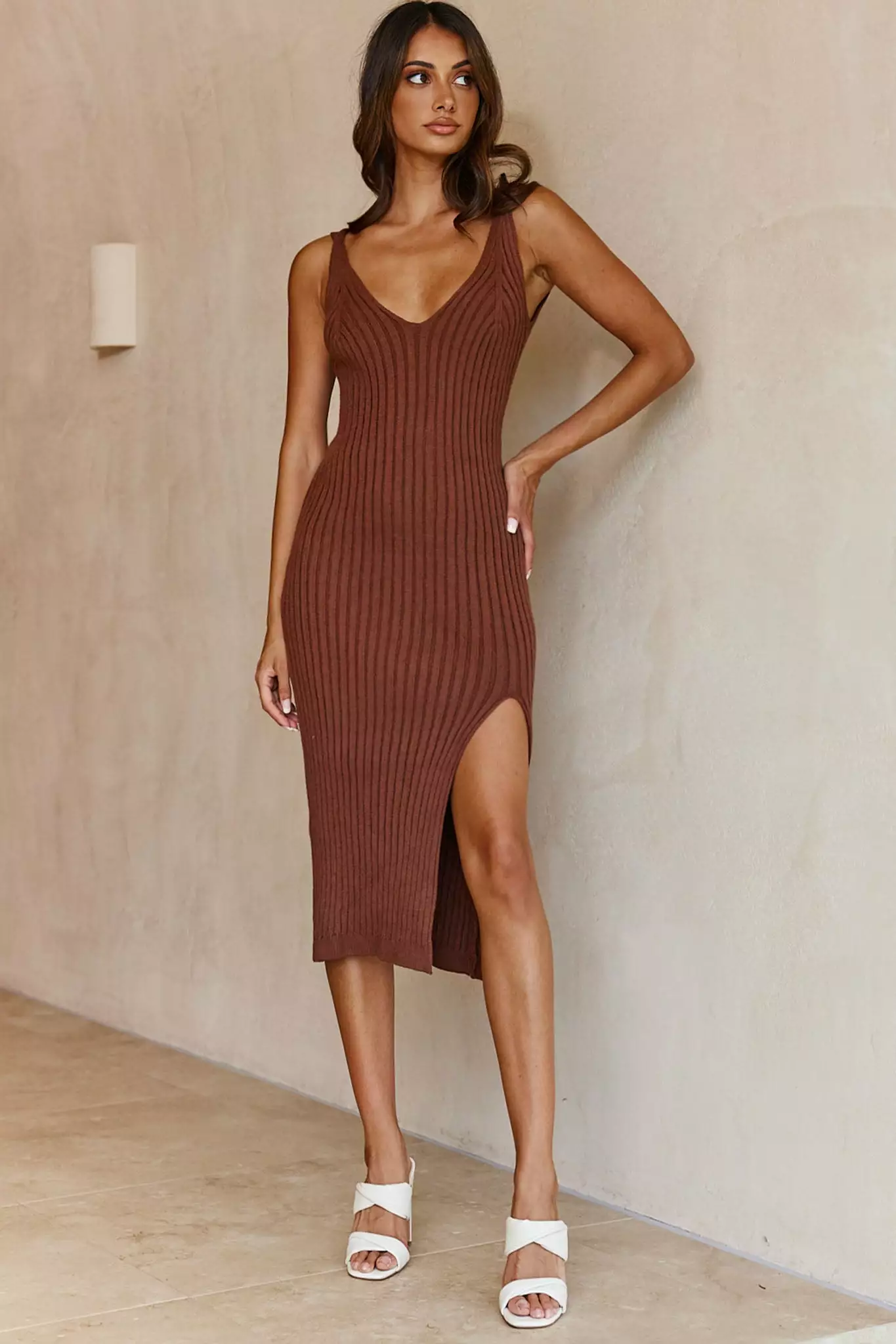 Selfie Leslie Mi Amore V-Neckline Front Split Ribbed Knit Midi Dress Chocolate - Image 6