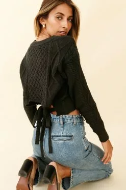 Dulce De Leche Long Sleeve Tie-Back Knit Sweater Black